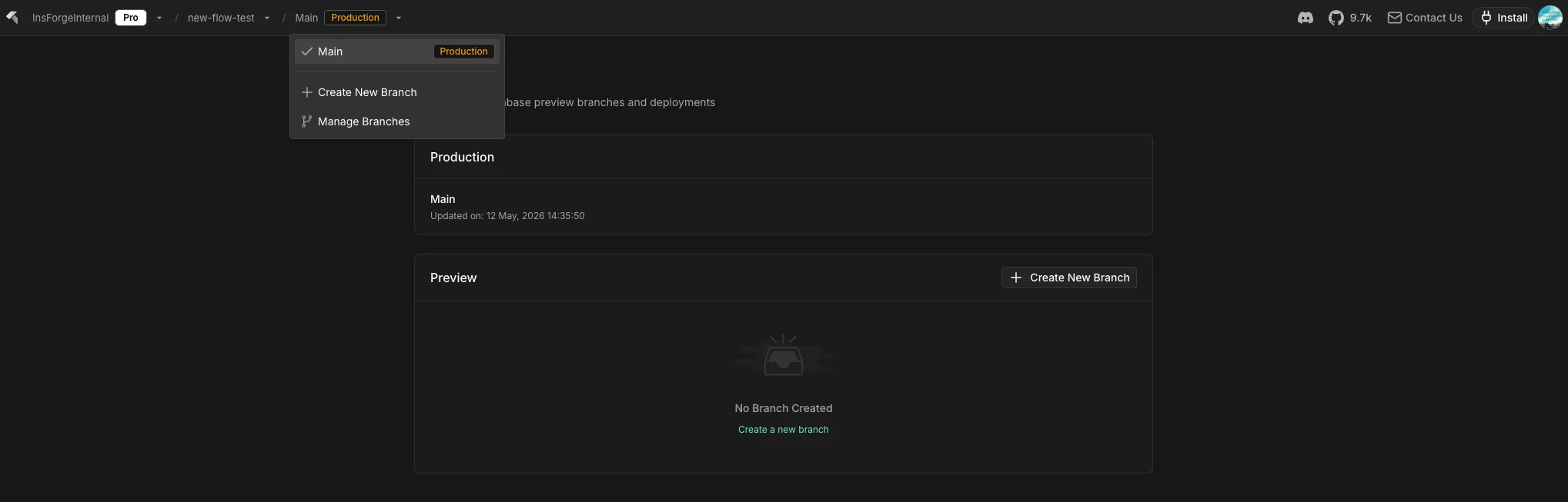 Branch management in the InsForge dashboard