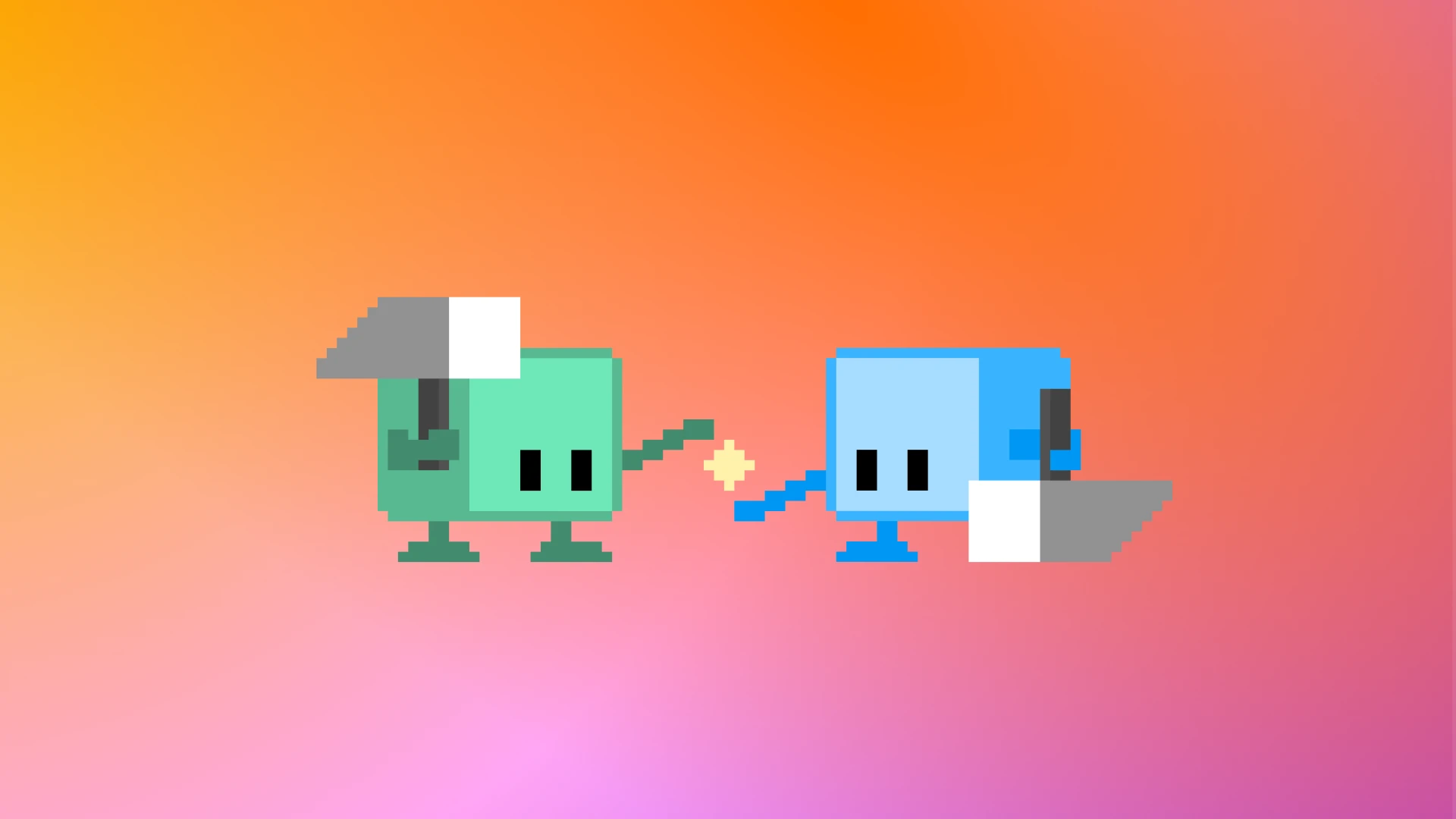 Pixel-style InsForge characters sharing a referral on an orange and pink gradient background