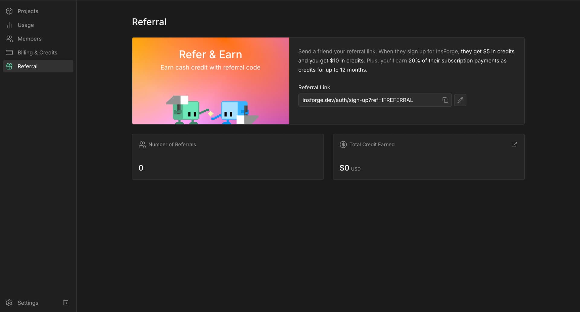 InsForge Referral dashboard showing the referral link, referral count, and total credit earned