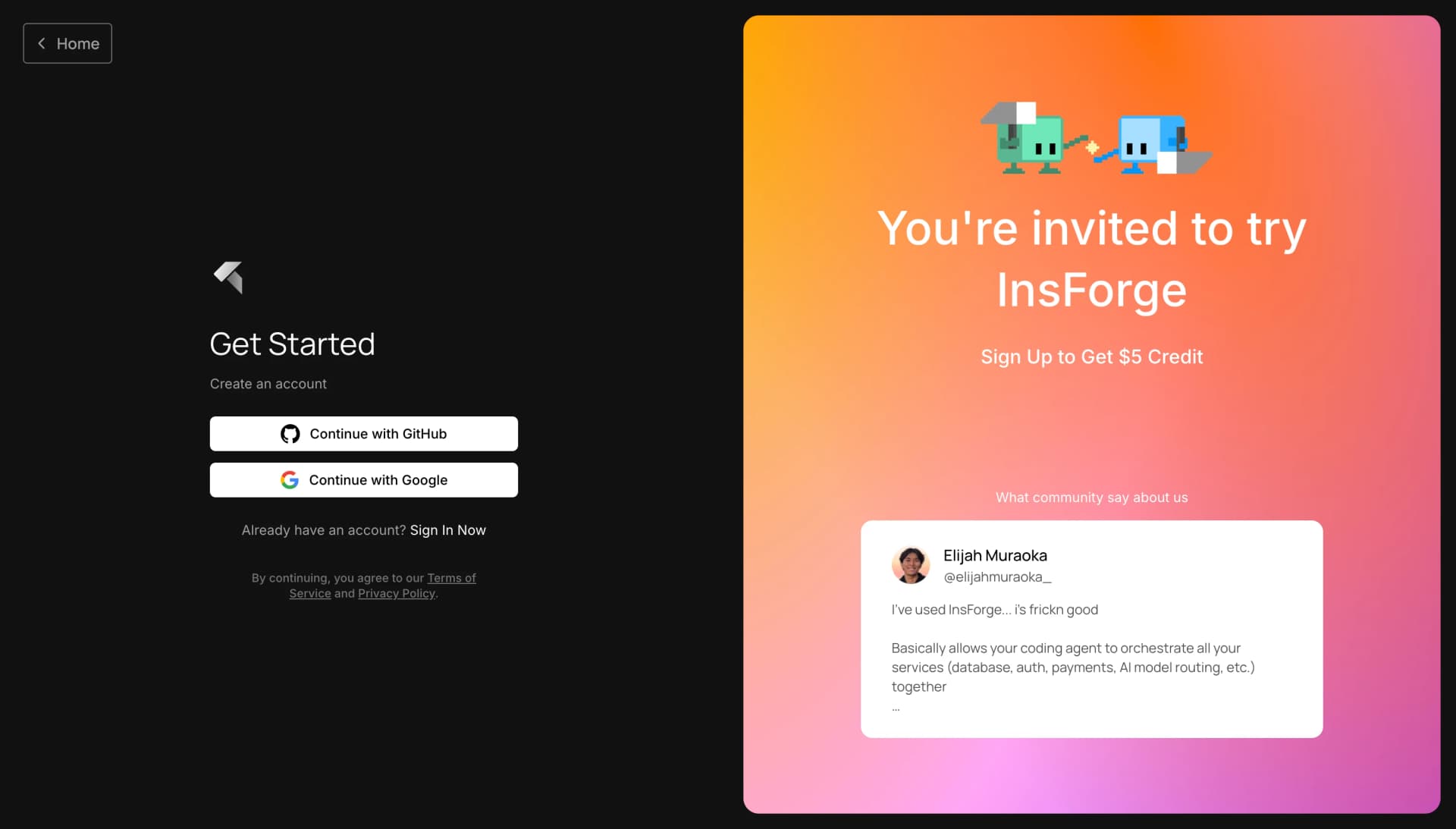 InsForge signup page showing a referral invitation and the $5 credit offer