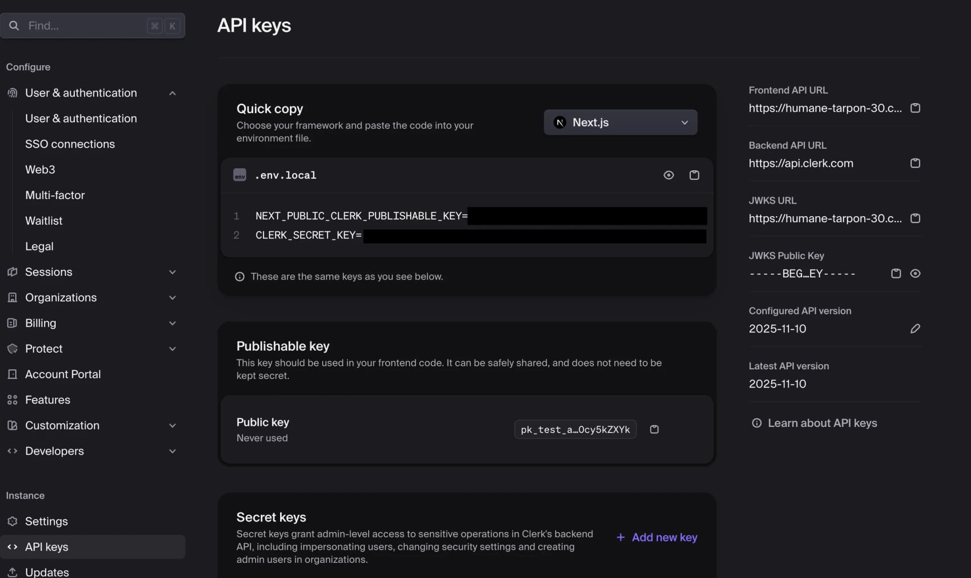 Clerk API keys page — Publishable key and Secret keys sections