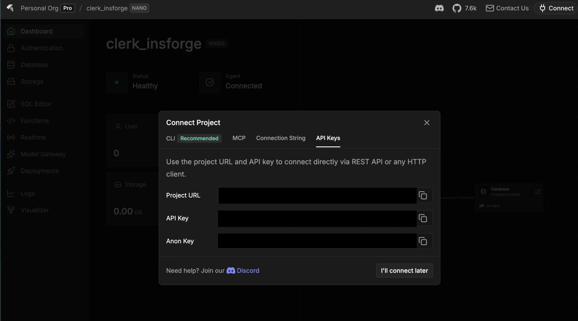 InsForge dashboard — Connect Project modal, API Keys tab showing Project URL and Anon Key