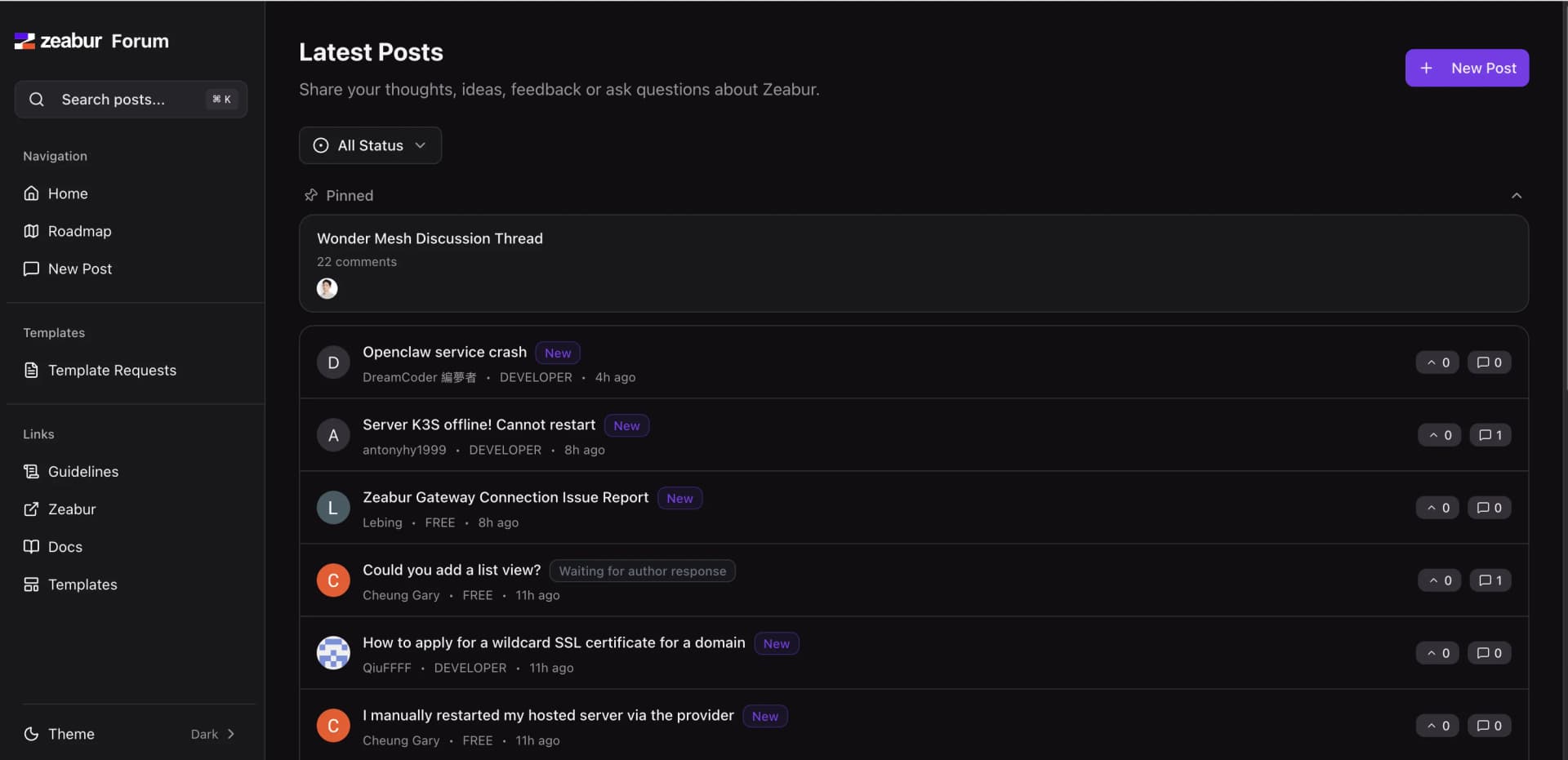 Zeabur Forum Latest Posts list showing recurring deployment and infrastructure questions