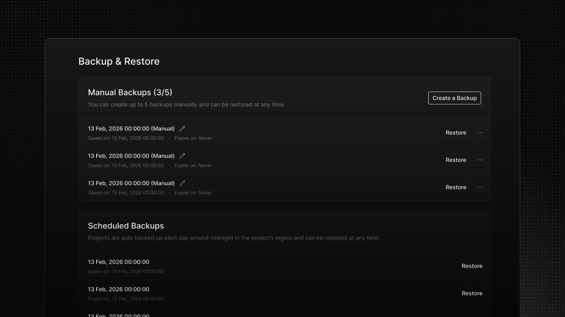 InsForge Backup & Restore dashboard with manual and scheduled backups