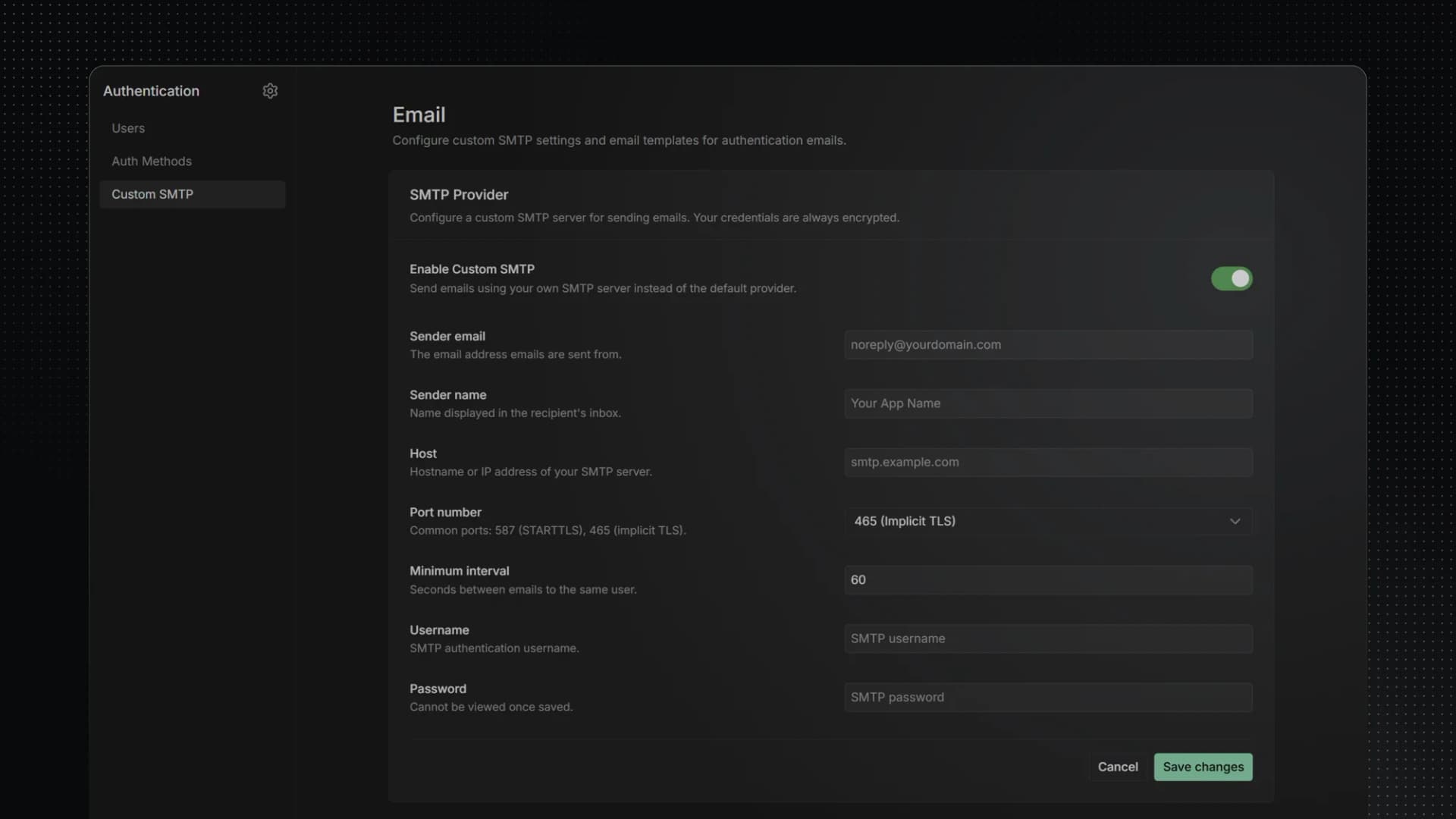 InsForge Custom SMTP configuration screen