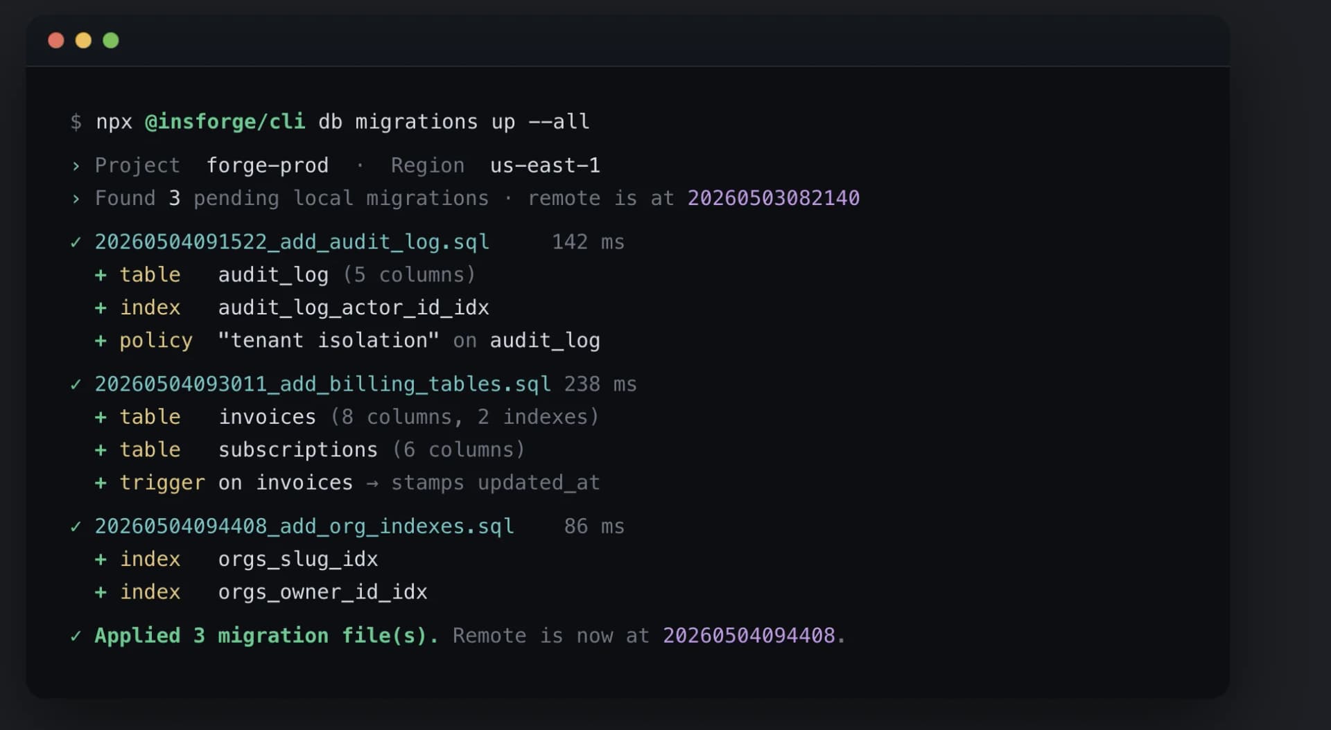 insforge db migrations up --all CLI output