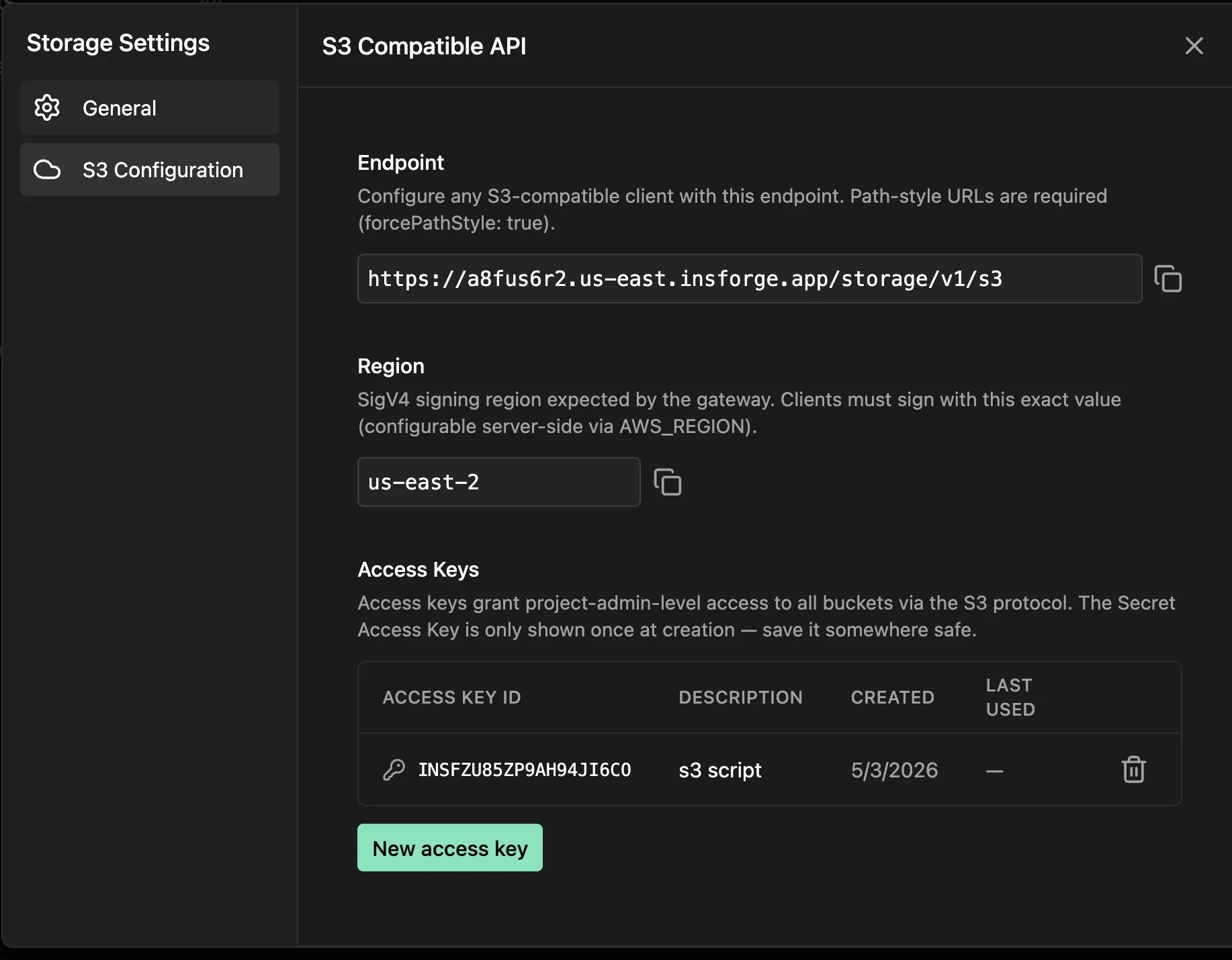 InsForge S3 Compatible API settings with endpoint and access keys