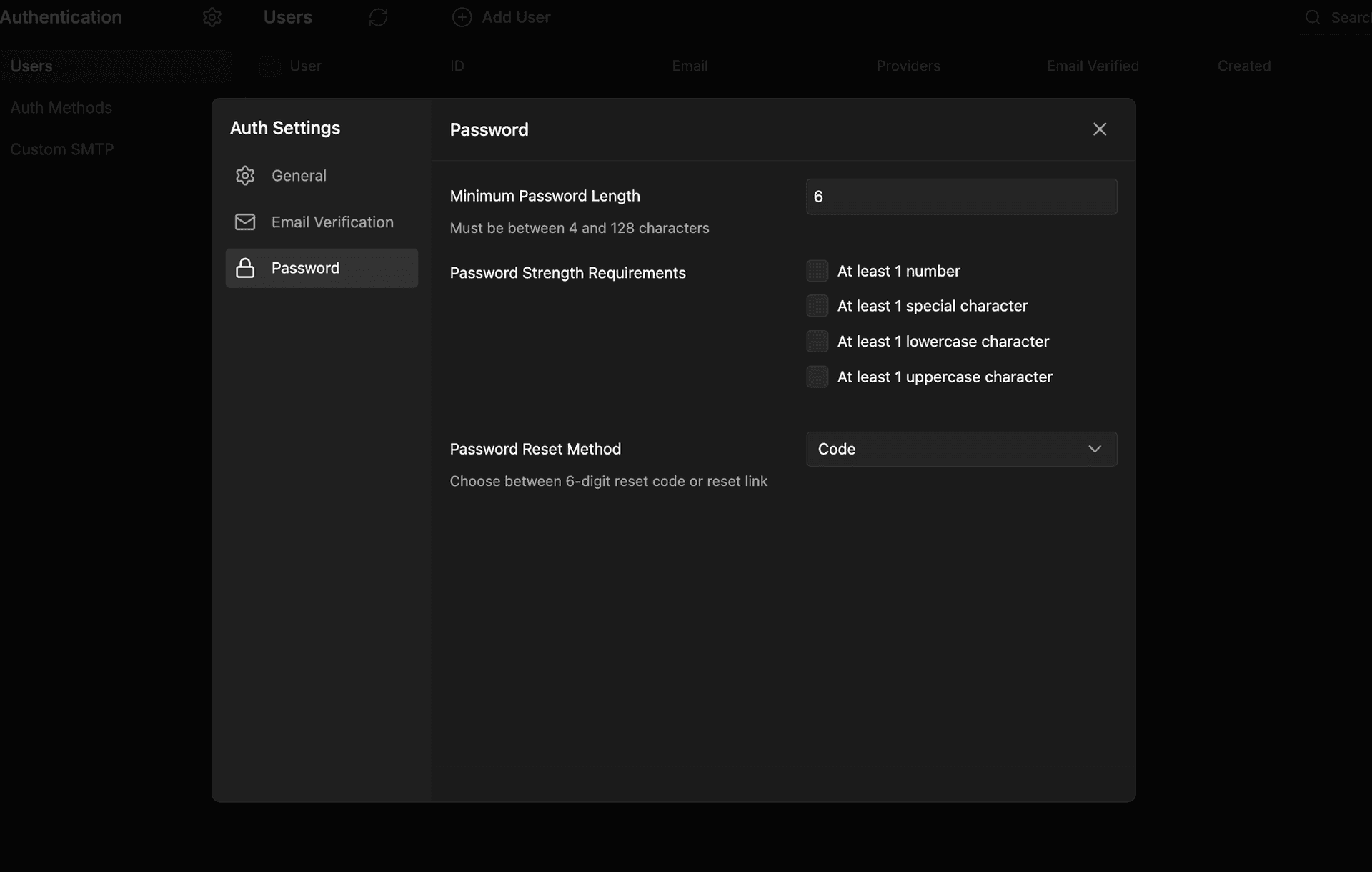 InsForge Auth Settings before: minimum password length 6, no strength requirements
