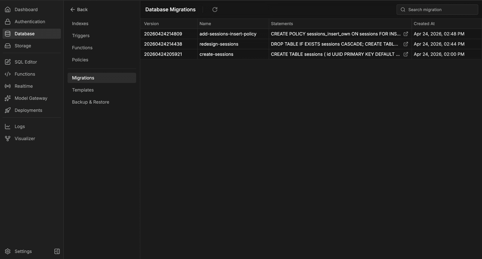 Placeholder Database Studio migrations page