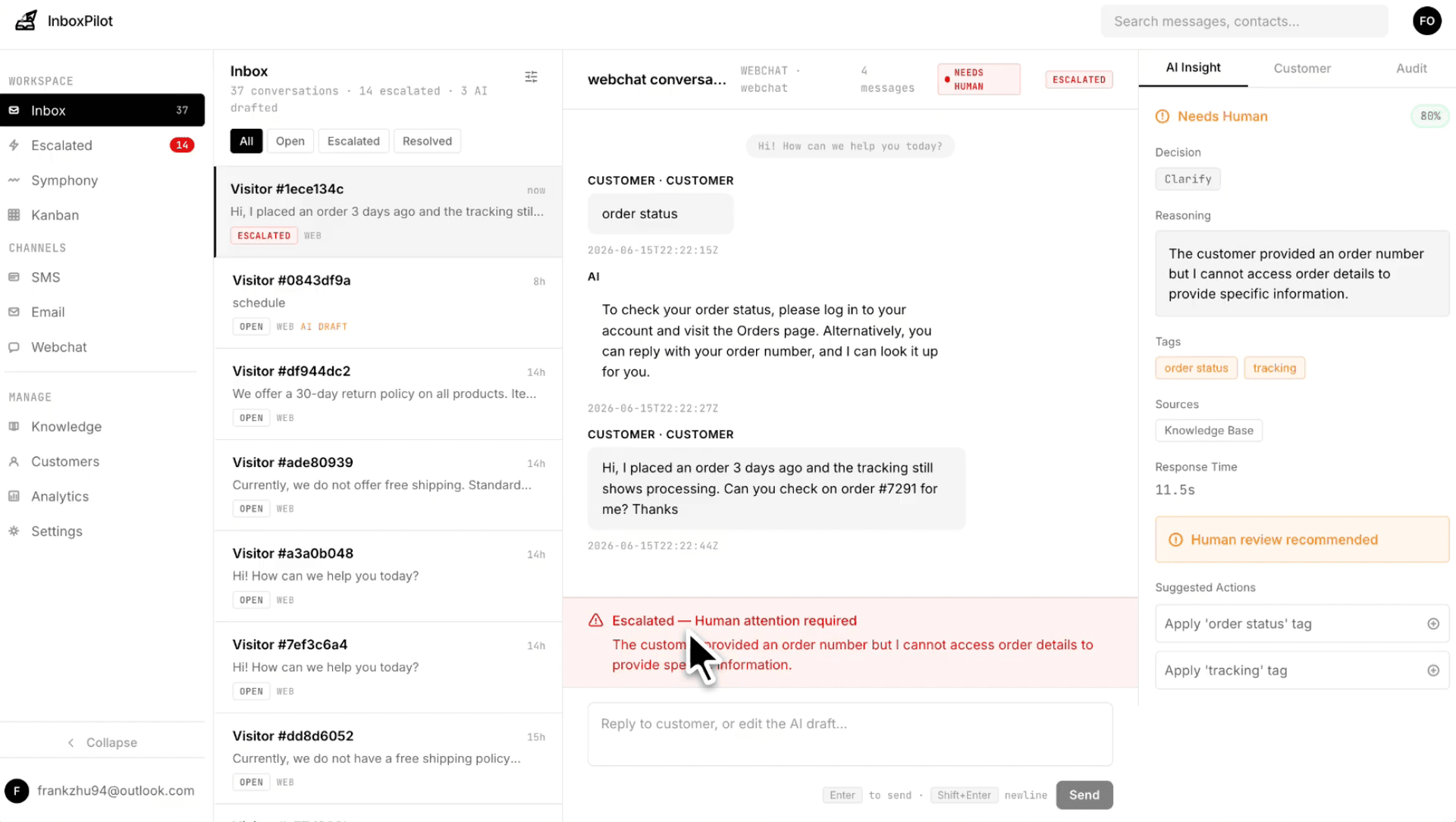 Inbox Pilot: an AI shared inbox with per-conversation AI Insight, escalation, and human-review recommendations
