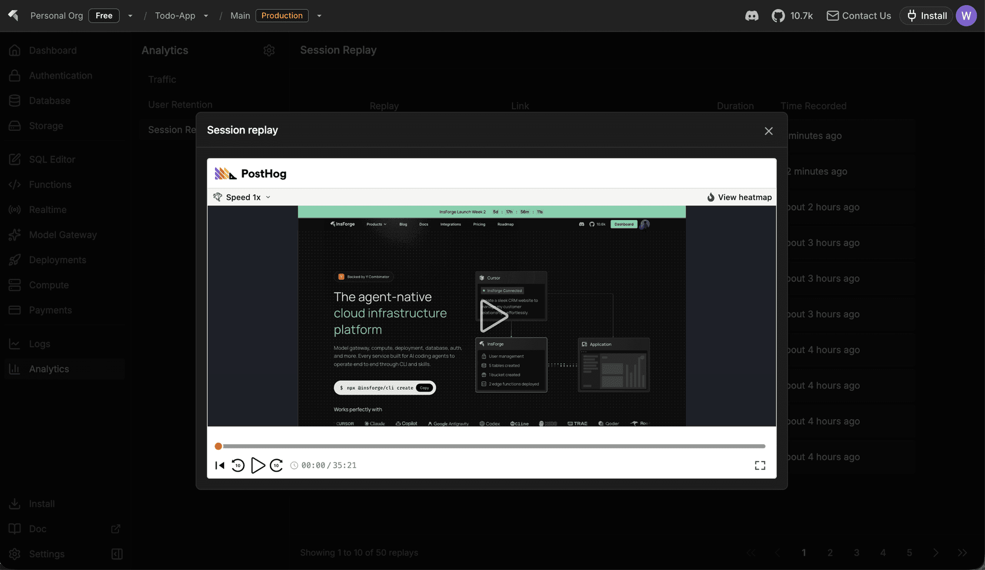 Session Replay tab on the Analytics page with a recording opened in a modal showing the PostHog player