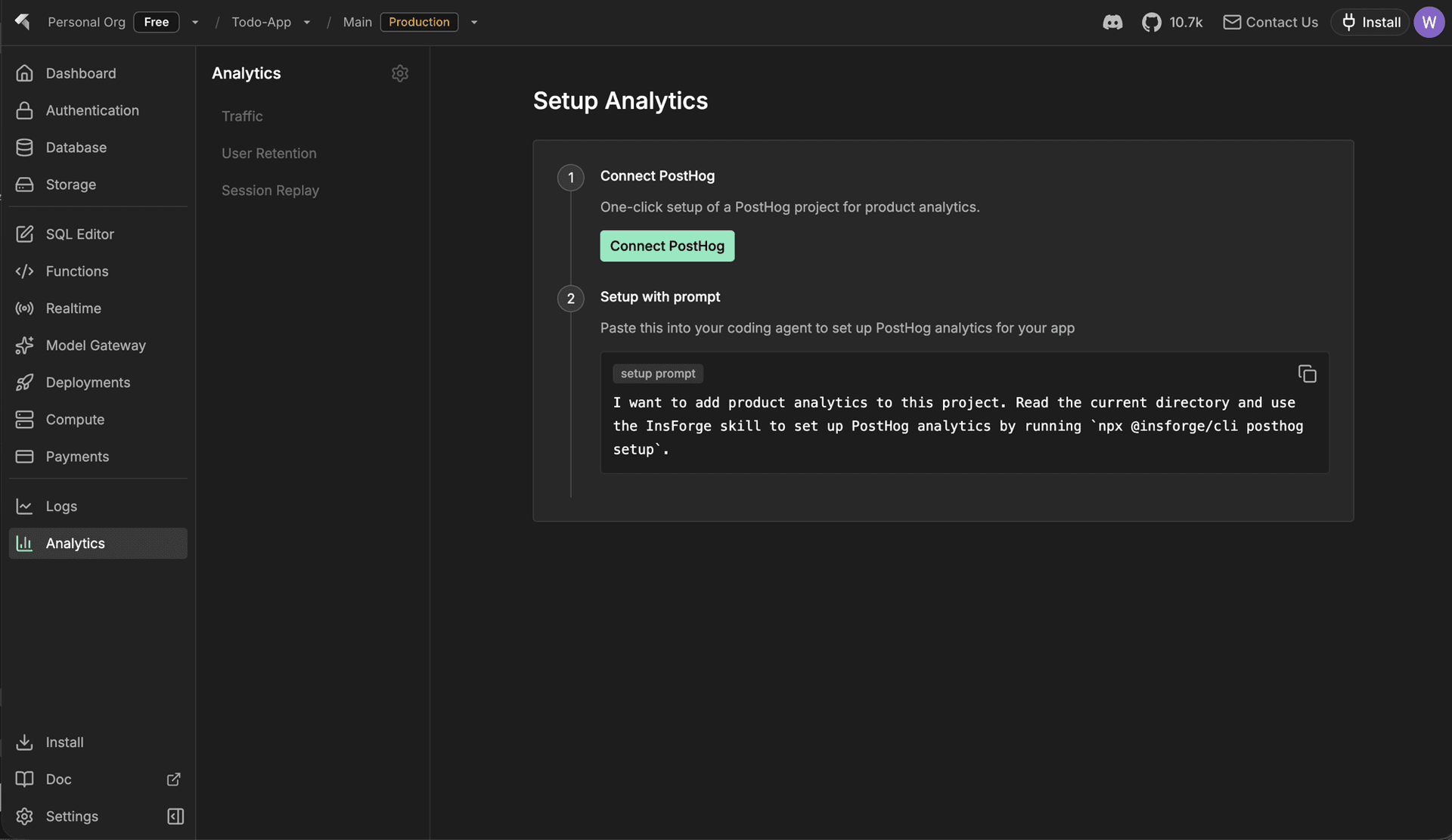 InsForge Analytics page with the Connect PostHog empty state