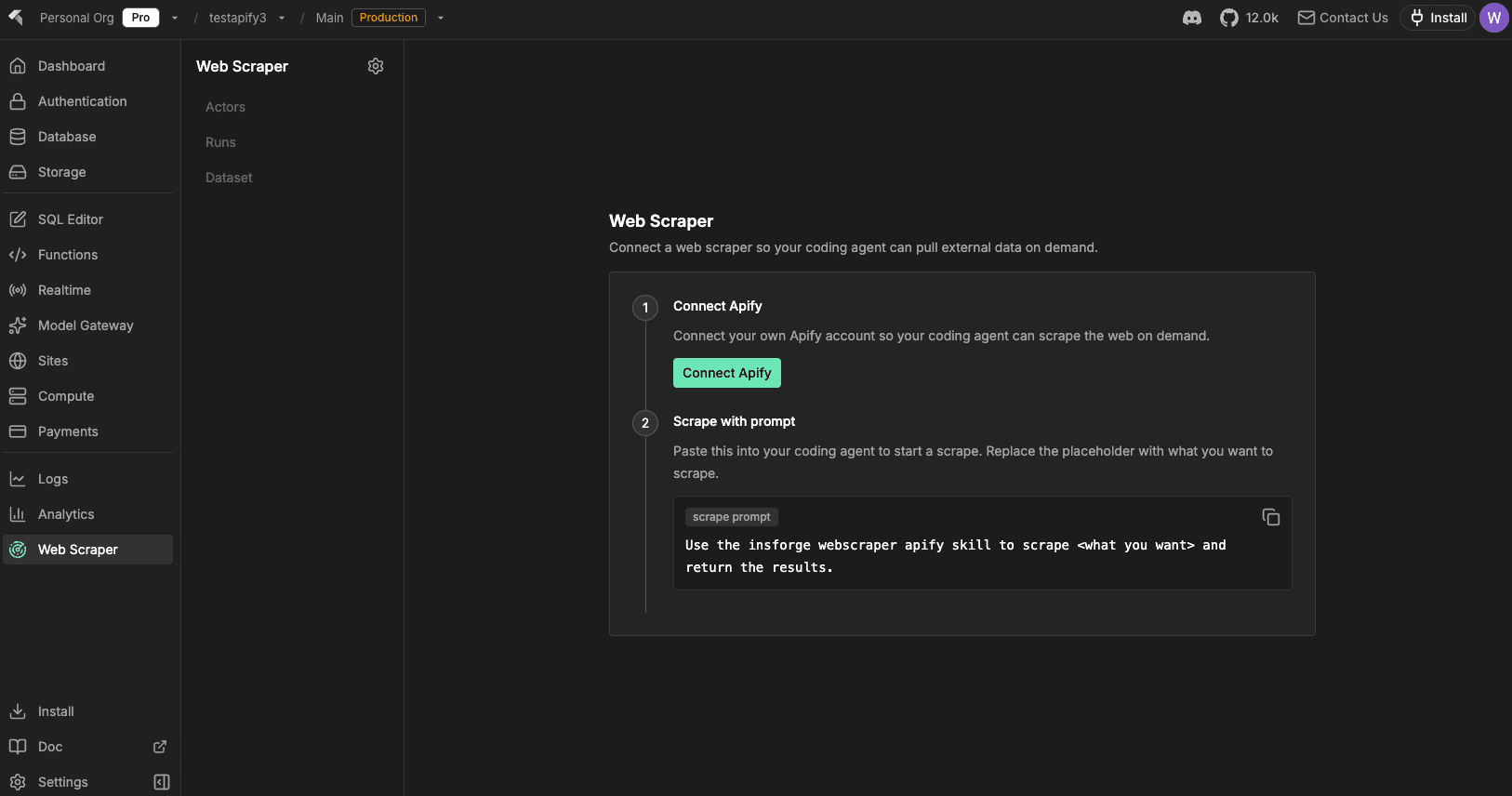 InsForge Web Scraper page with the Connect Apify empty state