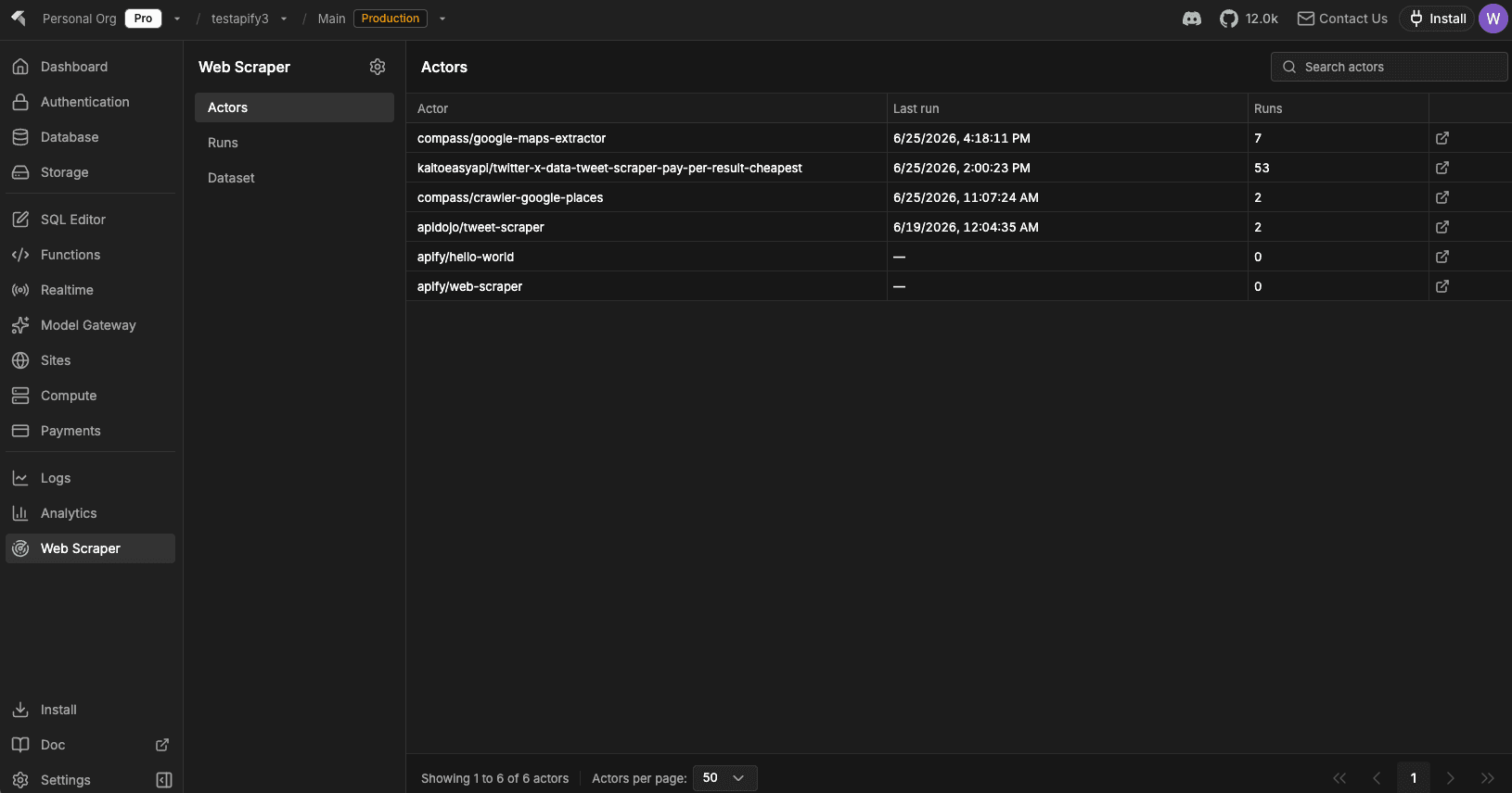 Web Scraper Actors tab showing the actor list with last run time and run counts