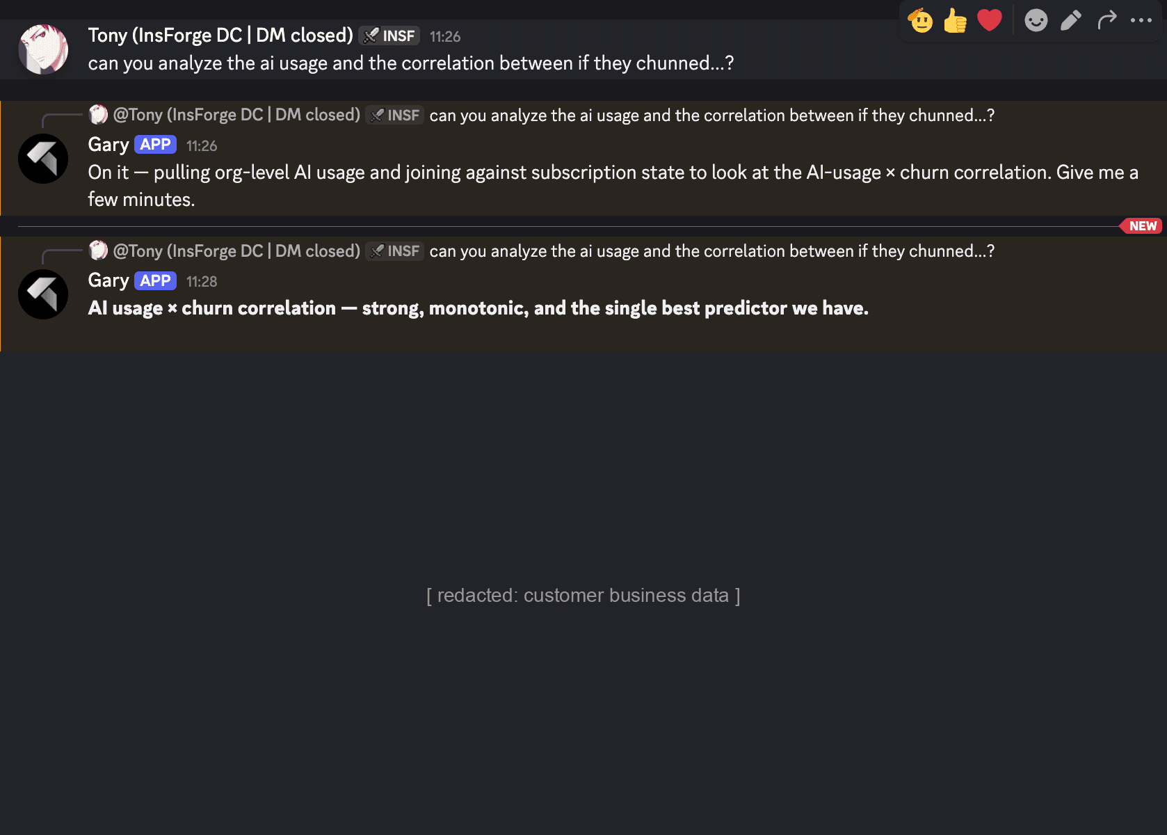 Discord channel showing a question about AI usage and churn correlation, the agent acknowledging the task, and posting a headline finding with the underlying numbers redacted
