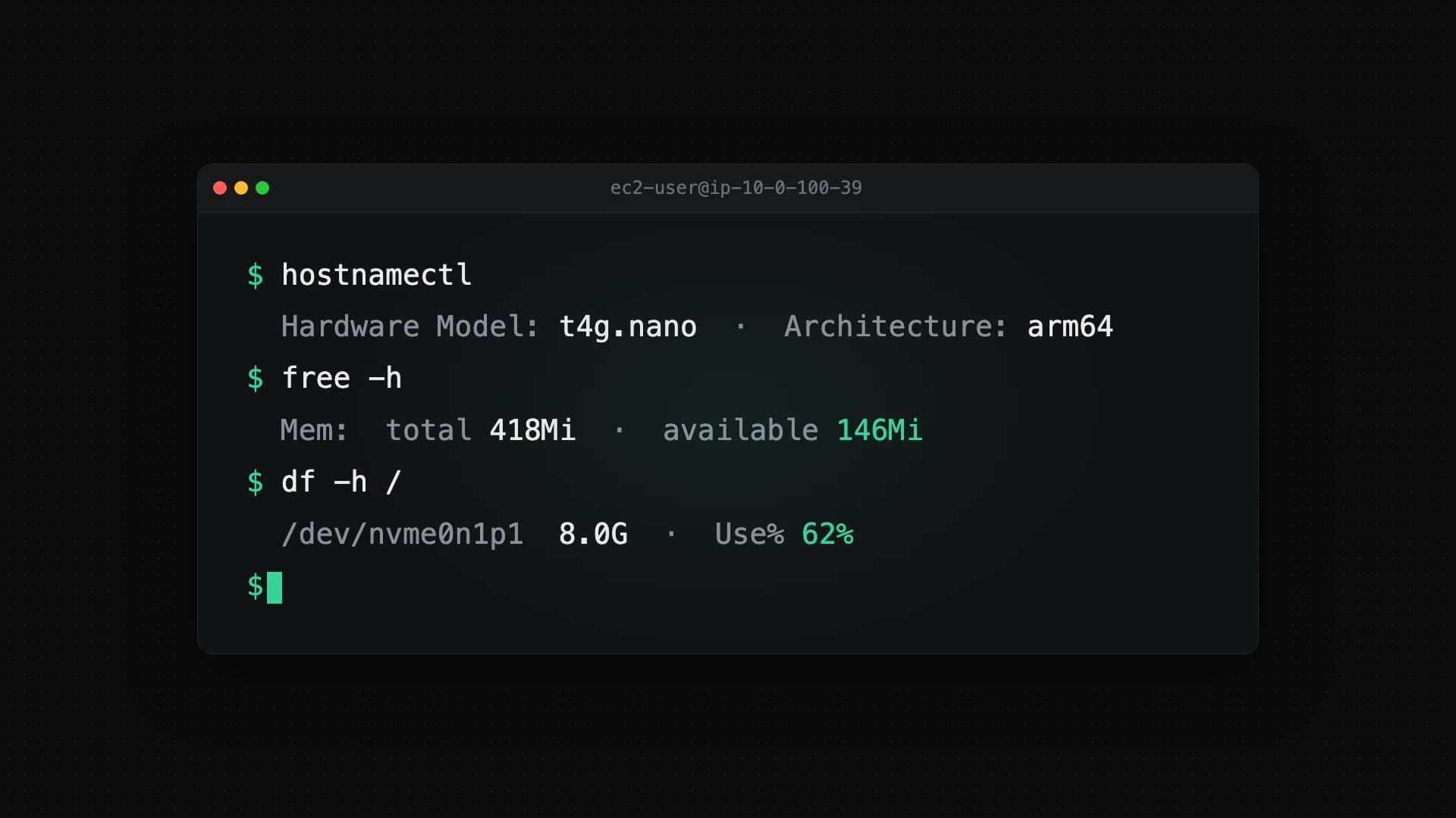 Terminal on an EC2 instance showing hostnamectl, free -h, and df -h output