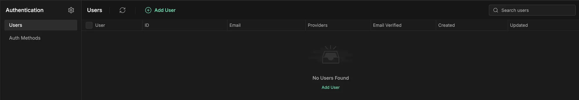 InsForge Auth Users — empty because Stytch manages users